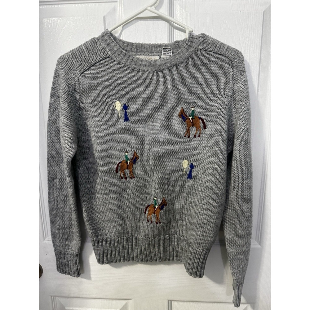 Vintage Grand Prix Women's Embroidered Gray Horse Sweater Equestrian Ribbons L